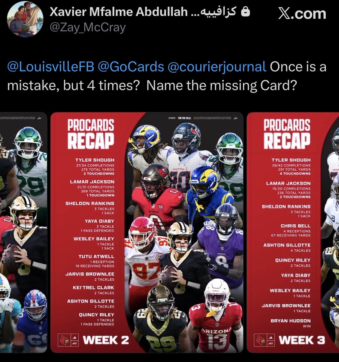 RealVilleFans's tweet photo. this is an issue. Why is Yasir Abdullah always left off the #ProCards list each week. I watched him play on MNF with the Falcons literally last night. 

@LouisvilleFB @Brohm_Brady @dana_colleen37 

#GoCards https://t.co/vHix9XMIUV