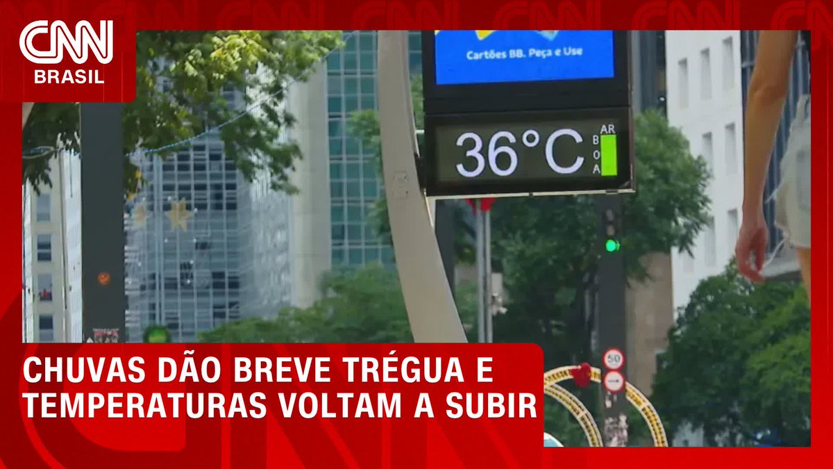 A CNN Brasil news segment displays a street thermometer showing 36°C with a green indicator, alongside the headline "CHUVAS DÃO BREVE TRÉGUA E TEMPERATURAS VOLTAM A SUBIR" (Rains give brief respite and temperatures rise again), visually reinforcing the reported heatwave conditions following a short break in rainfall.