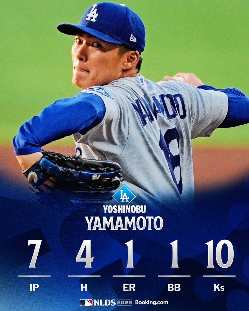 MLB's tweet photo. Yoshinobu Yamamoto reaches double-digit Ks in a Postseason start for the first time 👏 https://t.co/TKRCBBlG2z
