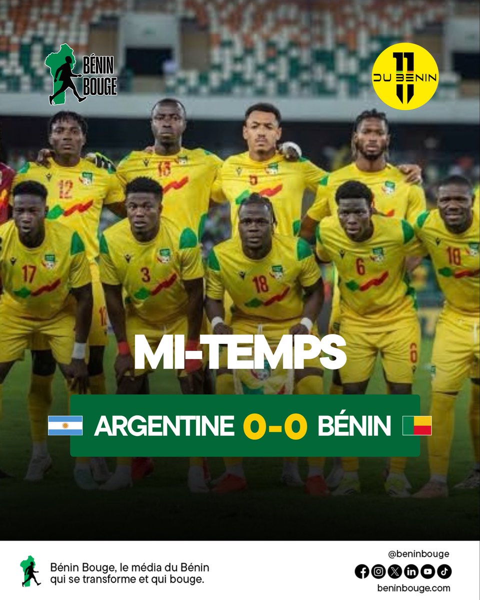 BeninBouge's tweet photo. 🇧🇯🇦🇷 Mi-Temps : L'argentine résiste devant le Bénin ⚽️

Ce sont des argentins abîmés par la fatigue qu'on retrouve à la mi-temps de cet historique match face au Bénin ce mercredi 7 octobre 2026 à buenos aires pour la dernière apparition de Lionel MESSI sous les couleurs de l’Albiceleste.

Score nul 0-0 à la mi-temps, quelques occasions ratées de part et d'autre.

La seconde mi-temps s'annonce encore plus palpitante.

Le monde entier découvre des Guépards du Bénin férocement venus du monde de splendeurs.

#BeninBouge #Argentine #Messi #Benin