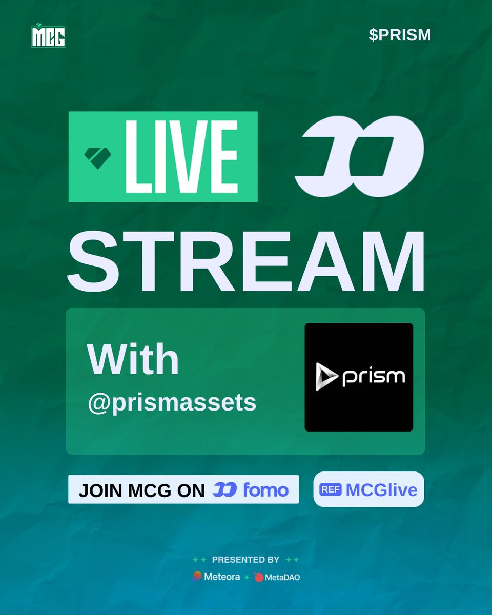 MCGlive's tweet photo. Tomorrow on MCG

$PRISM | @prismassets w/@Hash_hopes 

📅Wednesday, 7th October
🕛12:30PM EST
📍Tune in here

Stream powered by @fomo and @MetaDAOProject https://t.co/Ou0v1KJ8xy