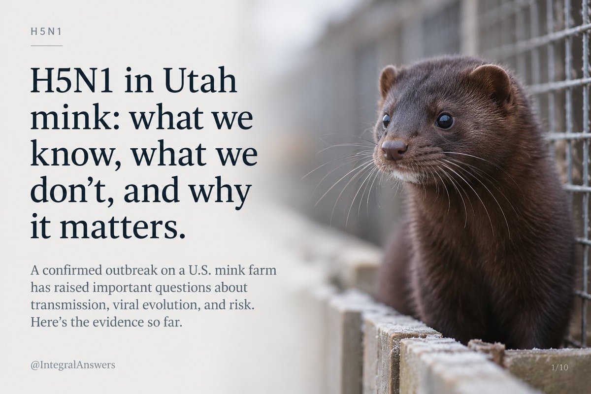 IntegralAnswers's tweet photo. H5N1 has been confirmed in captive mink on a Utah farm — and reports describe substantial mortality.

That deserves attention.

Not because it means a human pandemic is imminent. It doesn’t.

But when an avian influenza virus repeatedly enters dense populations of mammals, scientists pay attention for a very specific reason:

It gives the virus opportunities to adapt.

A thread on what we know — and what we don’t.