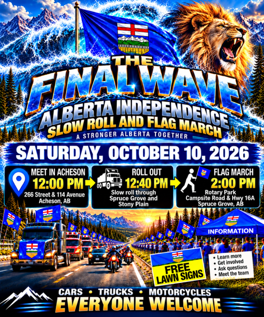 ABProsperityPrj's tweet photo. 📷 THE FINAL WAVE — LET’S FINISH ON FIRE 📷

📷 SATURDAY, OCTOBER 10, 2026

📷 MEET IN ACHESON — 12:00 PM
266 Street & 114 Avenue, Acheson, AB

📷 ROLL OUT — 12:40 PM
Slow Roll through Spruce Grove & Stony Plain

📷 FLAG MARCH — 2:00 PM
Rotary Park — Campsite Road & Hwy 16A, Spruce Grove

📷 CARS • TRUCKS • MOTORCYCLES • EVERYONE WELCOME

📷 FREE LAWN SIGNS • INFORMATION • ALBERTA FLAGS