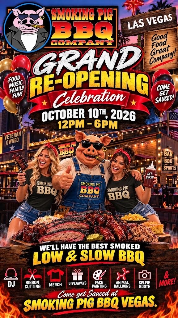 SmokingPigBBQCo's tweet photo. Come celebrate our Grand Reopening this Saturday 10/10 12-6pm 🔥💨🐷 https://t.co/4S8MNq9NbO