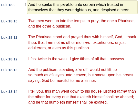 DJHammIsALoser's tweet photo. @dogbsj You say you're not self-righteous, yet condemn others that fall short of your standard. So will God judge you by your own standard, and condemn you

"And he spake this parable unto certain which trusted in themselves that they were righteous, and DESPISED OTHERS" https://t.co/v3Nsv51ZX2