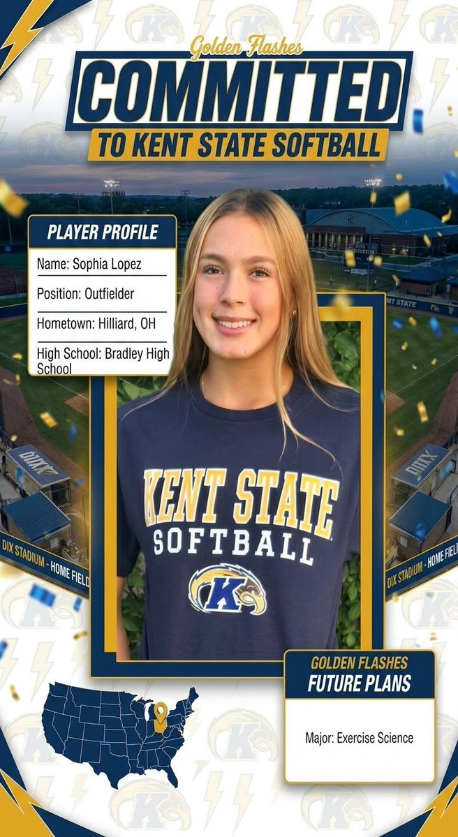 SophiaLopez2027's tweet photo. 🥎💛💙 I am so grateful and excited to announce my commitment to play Division I softball at Kent State University!
First and foremost, thank you to God for blessing me with so many opportunities throughout this journey. Special thanks to Coach Stix, Coach Adam, Coach Kevin & Heather Moody, Coach Glen, and coach @hayystevers for believing in me.
Thank you to all of my teammates, friends, and family for your support over the years. Most importantly, thank you to my parents and brother @joeylopez03 . Without your endless love, encouragement, and sacrifices, none of this would have been possible.

A huge thank you to @CoachJexx_KSU and @CoachMaddyW for this incredible opportunity. I am truly blessed and can't wait to see what the future holds!
GO FLASHES!!! 💛💙⚡️ #KentState #GoFlashes #D1Softball @TeamOhioGrey09 @ohiohawks16u @HBJagsoftball @HBHSathletics  @KentStSoftball