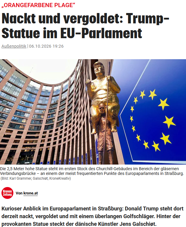 PeterBorbe's tweet photo. Den US-Präsidenten mit einer nackten Statue im EU-Parlament in Straßburg verhöhnen - es werden immer neue Gipfel der Peinlichkeit erreicht. Ein dänischer Künstler darf dort die Trump-Schmähfigur als „orangefarbene Plage“ ausstellen.
Man stelle sich einmal vor, im US-Capitol würde eine nackte Schmähfigur von Ursula von der Leyen aufgestellt, was wäre dann wohl hier los?
https://t.co/qN13P7w9dp