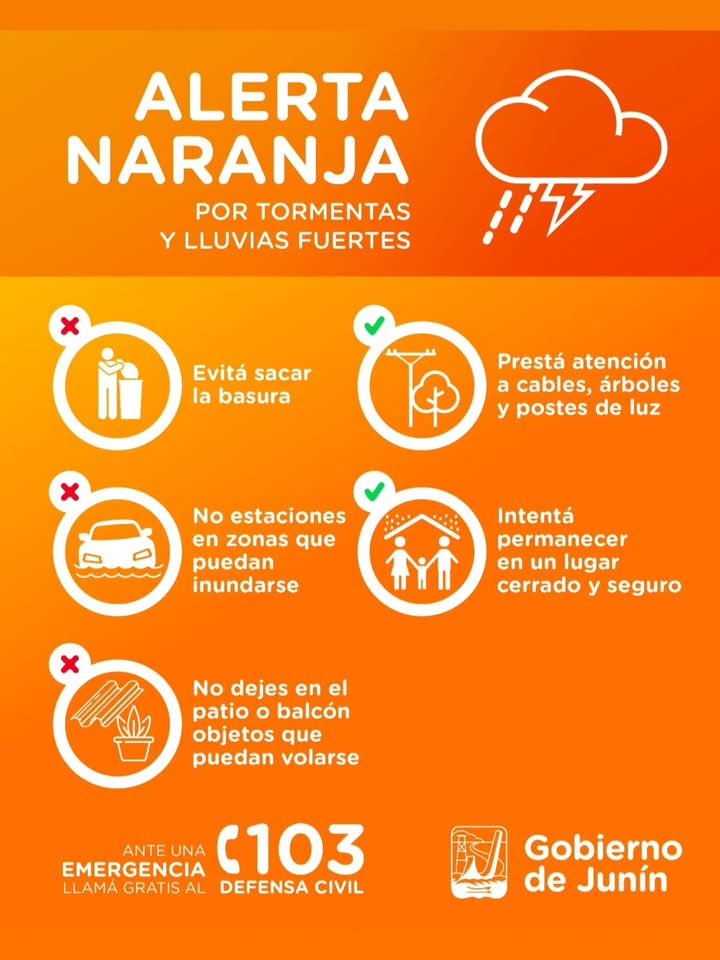 gobiernodejunin's tweet photo. Ante el alerta naranja emitido por el Servicio Meteorológico Nacional, te pedimos que sigas las siguientes recomendaciones. 

Ante una emergencia, comunicate con el 103. https://t.co/vyTCGKSR6p