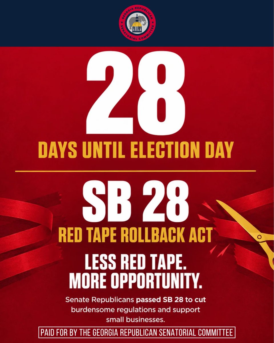 GASenateGOP's tweet photo. We’re 28 days away from Election Day! Senate Republicans know that small businesses are the job creation engines that drive our economy. That’s why we championed Senate Bill 28, the Red Tape Rollback Act. When given the chance, not a single Senate Democrat was willing to stand with small businesses to eliminate regulations and cut the size of government.

Less red tape. More opportunities. Keep Georgia moving forward—vote Republican up and down the ballot!

#gapol #georgia #GASenateGOP #VOTE #Redtape