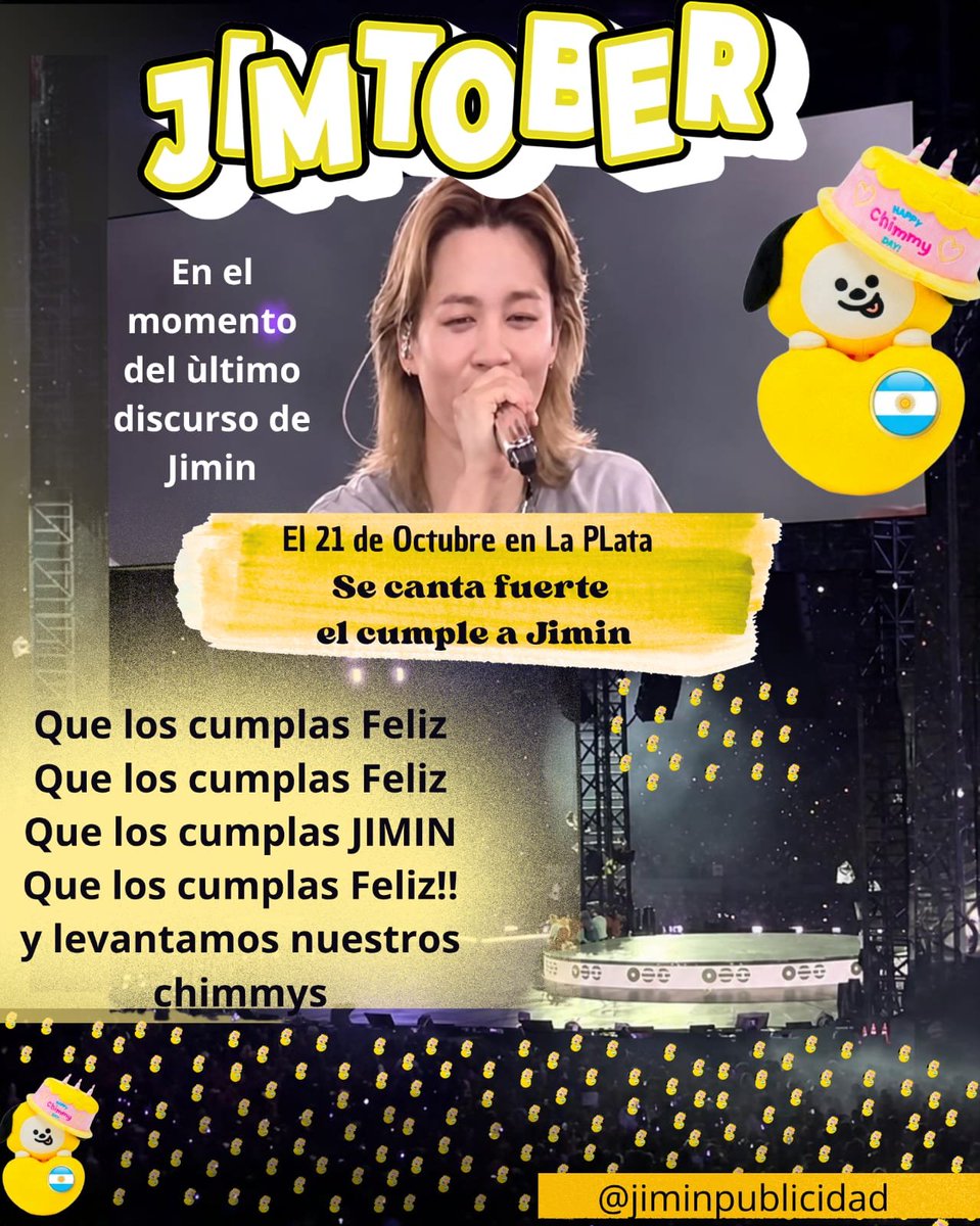 JiminPublicidad's tweet photo. JIMTOBER EN ARGENTINA🇦🇷
📢 tomen nota el 21 le cantamos a Jimin el feliz cumpleaños al final de su discurso no lo olviden!
Ayúdenos a difundir esto asi le llega a todas las armys, fans de Jimin y fans del kpop en general que van asistir al recital. Juntos le celebramos a Jimin🎊 https://t.co/Mzh86PtmZe