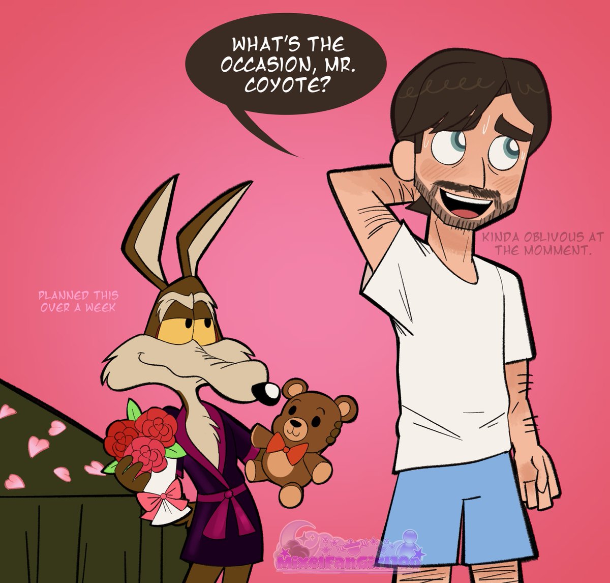 Mixelbackup100's tweet photo. Wile tries human courting style while Kevin's first time in a relationship 

#coyotevsacme #attorneycoyote #kevinavery #wileecoyote #fanart #looneytunes https://t.co/il17yTFysr