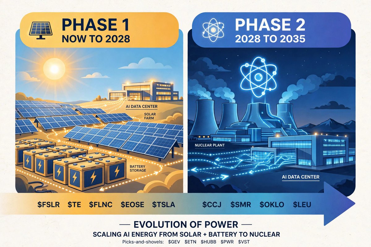 InvestmentGuru_'s tweet photo. Energy constraints are real and we're still early.

Everyone's modeling AI data center demand like power is infinite. It isn't. Morgan Stanley just put a number on it: 34% net US power shortfall through 2028 — 32 GW. The grid can't build that fast.

Short term, the fix is renewables and batteries. Solar and storage are the only things that deploy in 12-18 months. That's why the Phase 1 names — solar, battery storage, gas peakers — are getting the first bid.

Long term, it's nuclear. Nothing else gives you 24/7 clean baseload at data center scale. SMRs, uranium, enrichment — that's the 2028-2035 buildout.

The market is still pricing power like a free input. It won't be.

Solar now, atoms next.