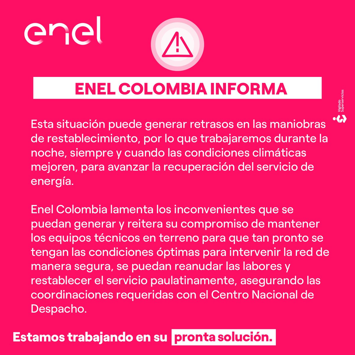 EnelColombia's tweet photo. 📌¡Información importante!
Bogotá, 6 de octubre de 2026
Sobre la falla en la red de Alta Tensión que afecta a algunos municipios de la zona norte de Cundinamarca, se informa que se presentan fuertes lluvias, descargas atmosféricas y condiciones climáticas adversas que afectan las labores de recuperación del servicio y las condiciones de seguridad para los equipos técnicos que están en terreno.