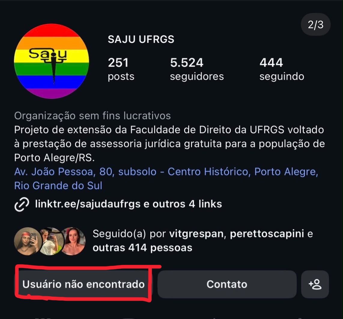 karenpsol's tweet photo. A Meta acaba de retirar do ar o perfil do Diretório de Direito da UFRGS e do SAJU UFRGS - entidades ligadas a luta e mobilização estudantil contra o autoritarismo e a censura!

A situação é muito séria, não podemos ignorar o que está em curso e o silenciamento ARTICULADO em perfis que se posicionam politicamente!
