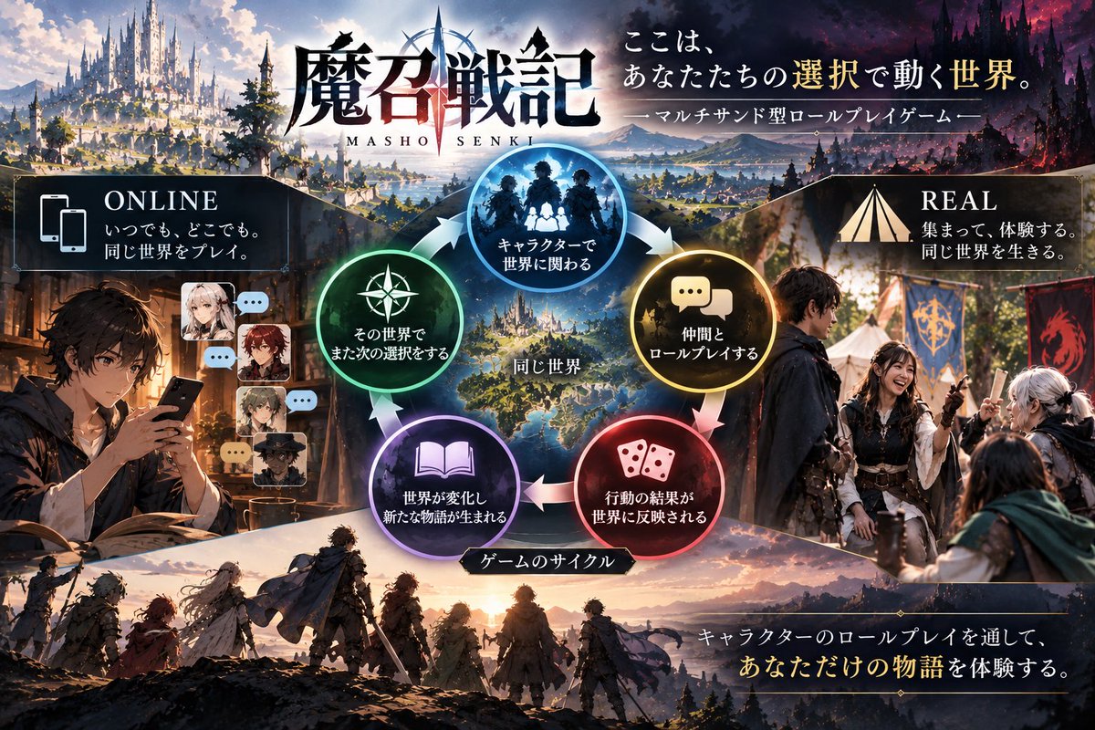 TaleweaveJP's tweet photo. ゲーム仕様がほぼ出来ました。
現在は世界設定構築、アプリ化を進めます。
オンラインで週に1シーンを非同期プレイ(PBMに近い)、リアルイベントでLARP的な体験を予定。
物語はワールド・キャラクター(WC)とNPC、そしてあなた(PC)で織り成していきます。
#魔召戦記
#Taleweave https://t.co/7pcrMp2LQ0