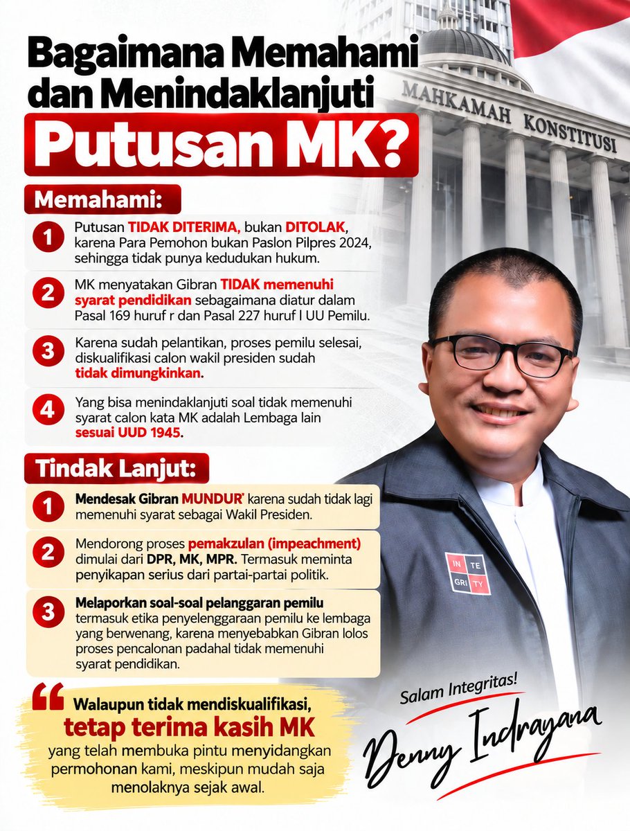 dennyindrayana's tweet photo. Ini cara saya memahami Putusan MK, dan Usulan tindak Lanjut. Silakan bantu sebarkan.

Salam Integritas, 
Denny Indrayana https://t.co/OaCEmpZccT