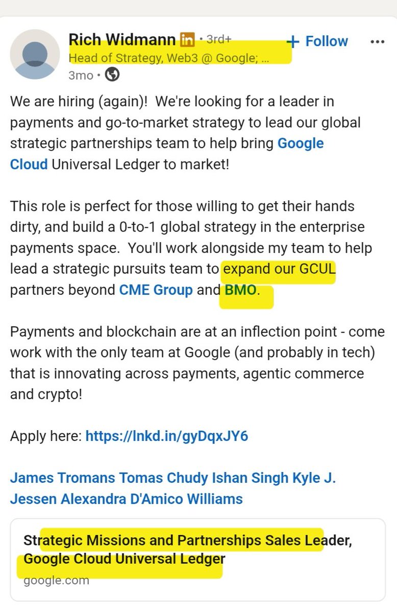 juicemanaboutit's tweet photo. GOOGLE x $QNT Confirmed?!!👀

Google’s GCUL (Google Cloud Universal Ledger) docs show a setup where the real money can stay offledger, while a clearinghouse keeps the tokenized balance on GCUL in sync.
TLDR; BMO (Major 🇨🇦 Bank) built its tokenized cash/deposit platform with CME (worlds largest derivatives marketplace) + Google Cloud.

Then BMO joined TCH and said the TCH network extends those capabilities into a shared clearing and settlement network.

And who did TCH choose for that network’s interoperability + orchestration layer?
💥💥💥💥Quant💥💥💥💥

Oh, and Quant already has a GCUL connector built and ready.💥

Earlier today I exposed the connection between TD  x Quant, and now I gift BMO x Google x Qnt 🫡 Two major Canadian Banks and Google. Breadcrumbs are insane with Quant.