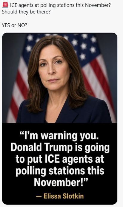 RedEagleUpdates's tweet photo. 🚨BOOM:

Elissa Slotkin: “I’m warning you. Donald Trump is going to put ICE agents at polling stations this November.”

SHOULD ICE BE AT THE POLLS?

YES or NO? https://t.co/Opfgc0cose