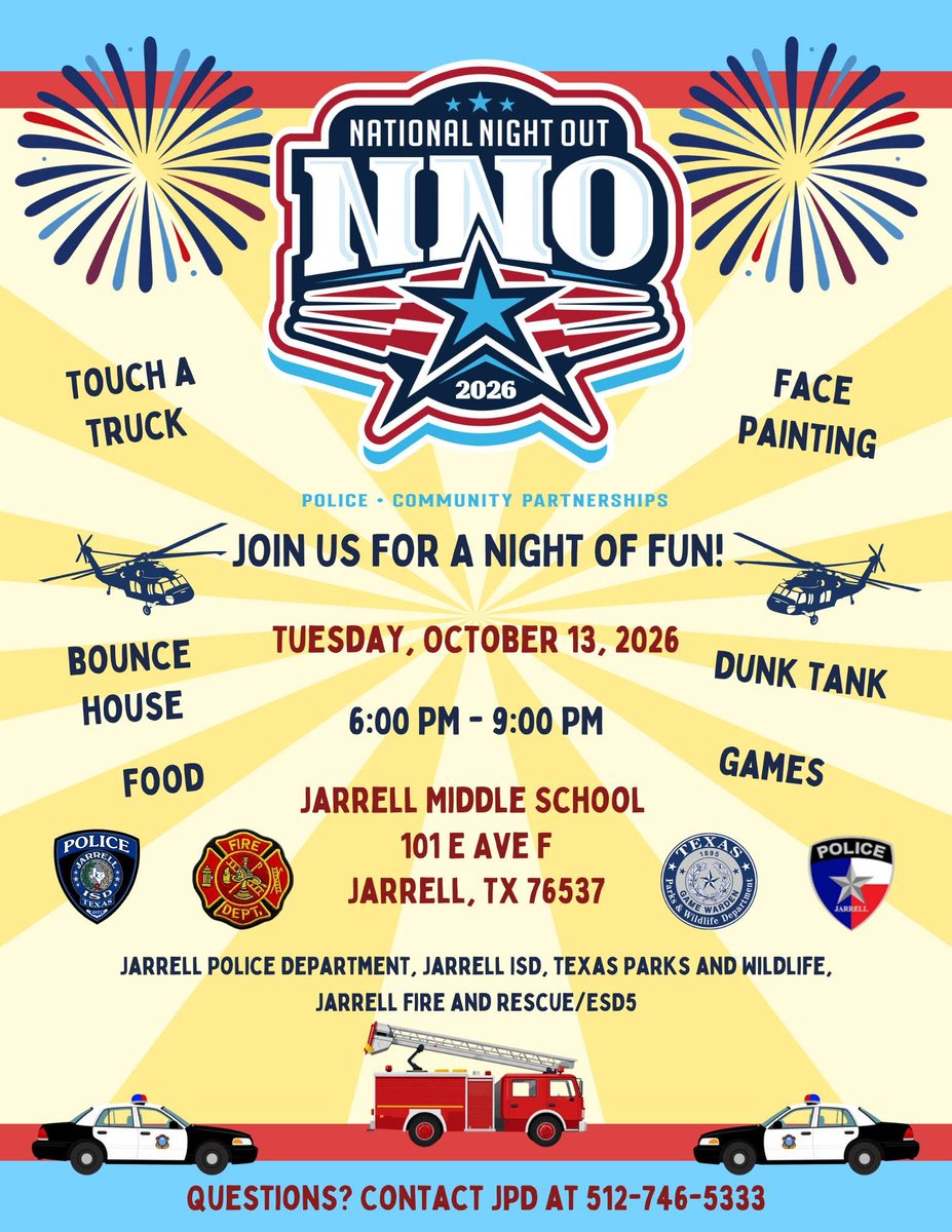 Jarrell_ISD's tweet photo. 🚓🚒 National Night Out is Oct. 13 from 6–9 PM at Jarrell Middle School!
Enjoy Touch-a-Truck, face painting, bounce houses, games, food, a dunk tank &amp; more while connecting with local first responders and community partners. 💙
#JarrellISD #NationalNightOut https://t.co/WK7WNUoqk3