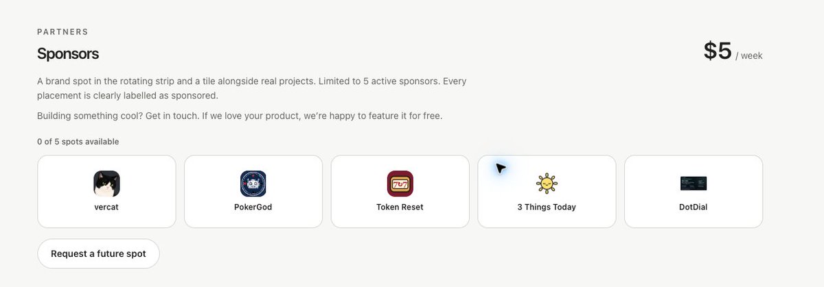 kuoxinbuilds's tweet photo. Filled up all 5 sponsor spots for https://t.co/CPpDSonGck super pumped (4 others are my own apps!) 😂 https://t.co/TCQ13inElp