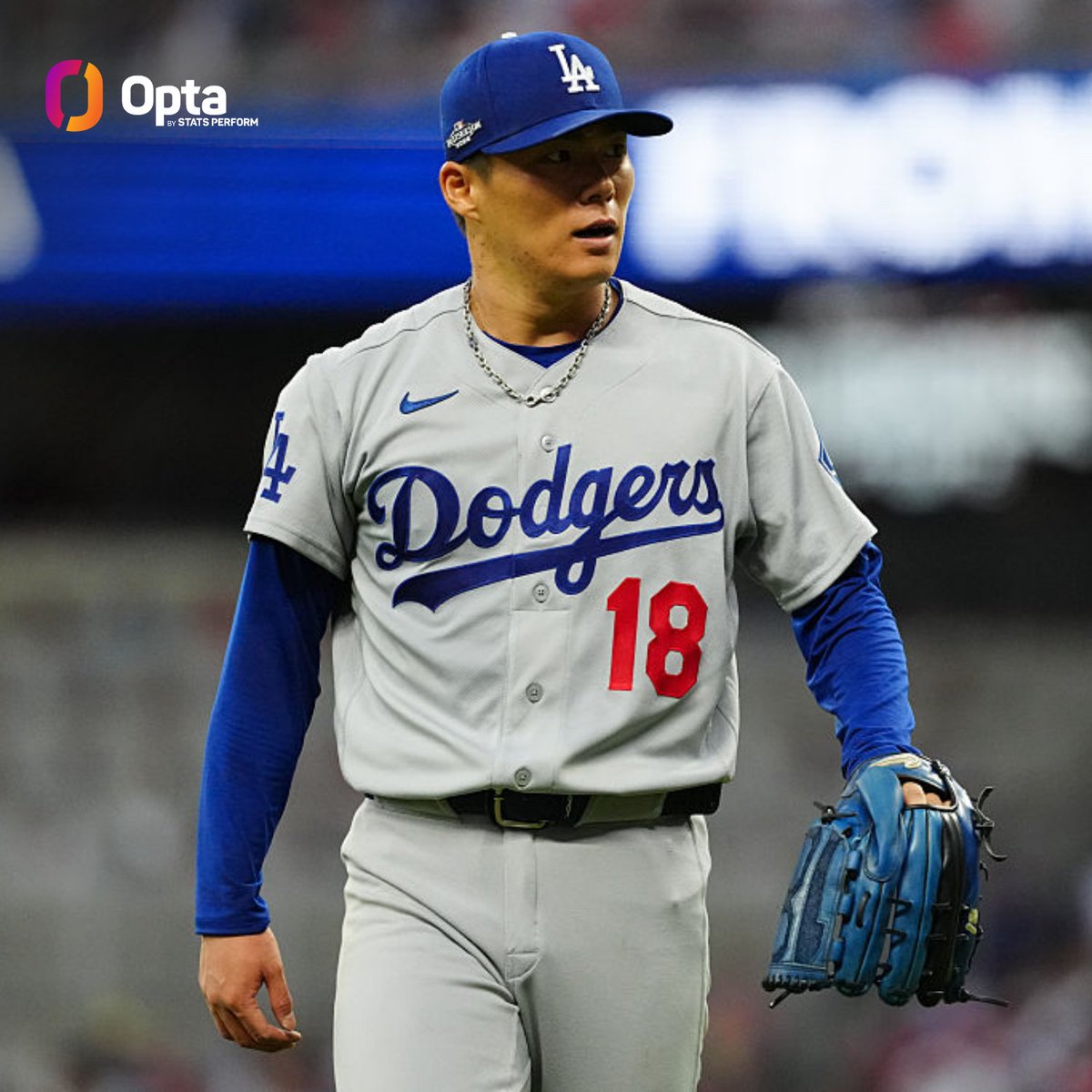 OptaSTATS's tweet photo. Since pitches were first tracked in 1988, Yoshinobu Yamamoto is the only MLB pitcher to have a postseason start on the road with:

7.0+ innings pitched
10+ strikeouts
no more than 1 walk
under 100 pitches https://t.co/XtdyUhYuW3