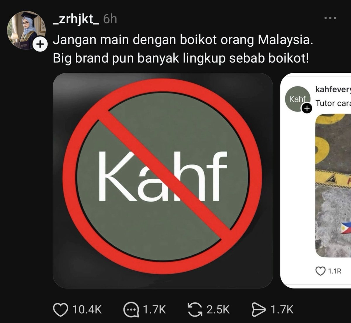 MiskinTV_'s tweet photo. Netizen Malaysia ramai menyerukan boikot 'Kahf'. Seruan tsb ramai gegara postingan di akun official Kahf berupa meme yang dianggap ejekan yang masih berhubungan dengan laga FIFA Asean Cup 2026. https://t.co/D057dG2I7U