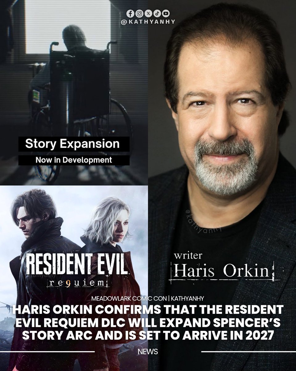 kathyanhy's tweet photo. Haris Orkin confirms that the Resident Evil Requiem DLC will expand Spencer’s story arc and is set to arrive in 2027! 💥

Haris Orkin, lead writer for Resident Evil Requiem and also the writer of the Resident Evil Village DLC Shadows of Rose, revealed new details about the narrative expansion during his appearance at Meadowlark Comic Con, in an interview that is now available online.

When discussing Spencer’s character development, Orkin admitted to letting slip some information he perhaps should have kept under wraps:

“We have an arc for Spencer in Requiem. They kind of you understand that more and in the DLC for Requiem, you will understand it even further. So yeah! I probably shouldn’t say that, but yeah.”

The writer confirmed that he is currently drafting the script for the expansion, scheduled to launch sometime in 2027, though Capcom has not officially announced a specific date. He also explained how he works in coordination with the team:

“I'm working on the DLC for Resident Evil Requiem right now. And it's very, you know, we're kind of working hand in hand. They show me the videos. A lot of times I'll have an alpha build of the game that I'll play as I'm writing it, so I can see, you know, where lines have to go and, you know, and how things are going to work in the game.”

The news has sparked the community’s interest in learning how the backstory and motivations of Spencer—one of the game’s key characters—will be explored in greater depth.

#ResidentEvilRequiem #REBHFun #ResidentEvil #GraceAshcroft