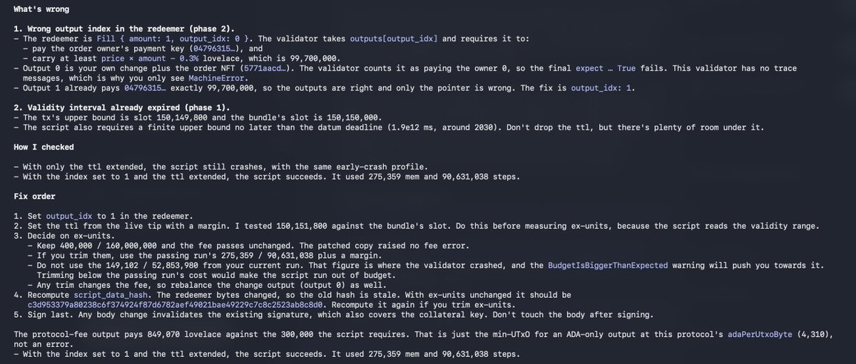 lisicky_tech's tweet photo. A while ago I made a simple web app so I could look inside CBOR on the fly and quickly see what was in whatever transaction I was looking at. I named it Cquisitor.

Bit by bit it grew from a CBOR decoder into a set of tools that help you figure out what's wrong with a transaction faster. DE-UPLC (a UPLC debugger) and dehosk (a UPLC decompiler) grew up alongside it, first on their own, then inside Cquisitor.

Cquisitor can:
- validate a transaction and highlight what's broken
- tell if a tx involves a DEX and show order details when it can
- debug UPLC (DE-UPLC) or decompile it (dehosk)
- break CBOR down byte by byte and check it against CDDL
- decode transactions and other Cardano structures

The whole point of Cquisitor has always been to spend less time on broken transactions. These days a lot of that work happens with AI agents, so the next logical step was to let them use it too.

That's why I built cardano-debug-mcp. It gives your AI agent the same capabilities through its native tooling and saves you a lot of headaches while building on Cardano. It can even open the transaction in the Cquisitor web app and show you what's wrong.

Happy debugging:
 https://t.co/YFpxi5Z6NJ

npm install -g @cardananium/cardano-debug-mcp
claude mcp add --scope user cardano-debug -- cardano-debug-mcp