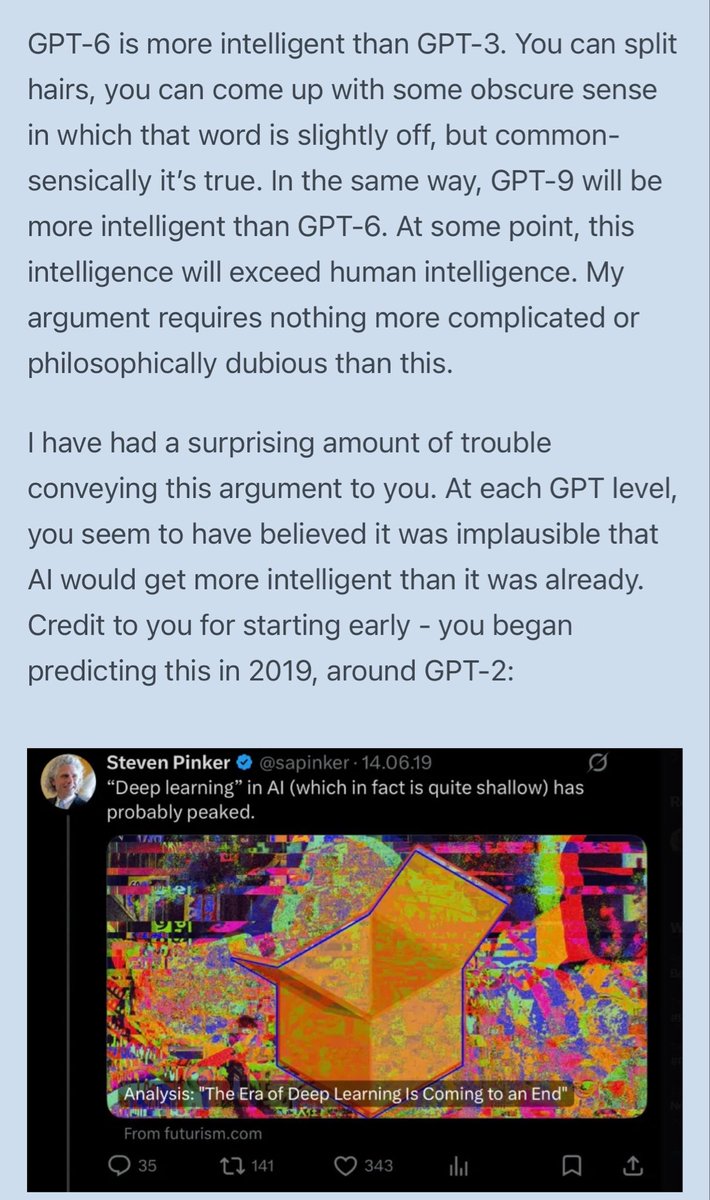 AlecStapp's tweet photo. In the Scott Alexander vs Steven Pinker debate, it really is notable that one side has a much, much better track record on predicting AI trends than the other…

At this point, the burden of proof is on Pinker as to why we should still listen to him. https://t.co/XwJSVbrPh9