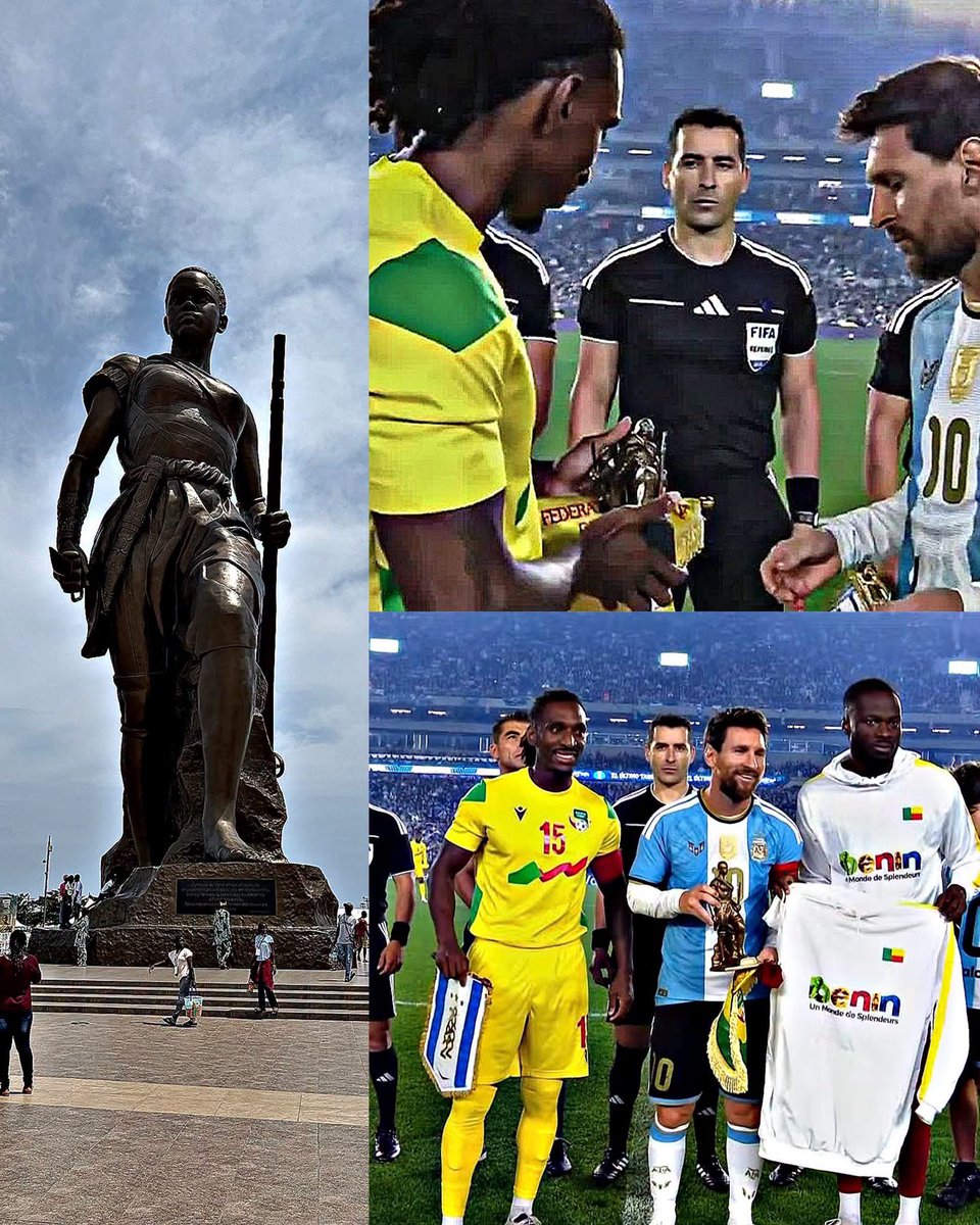 MotivacionesF's tweet photo. 🇧🇯👑 EL REGALO DE BENÍN PARA EL REY DEL FÚTBOL. 🐐🇦🇷

El capitán de la selección de Benín, Sessi D’Almeida, le obsequió a Lionel Messi una réplica de la estatua de la Amazona ubicada en Cotonú.

La pieza representa a una Agojie, miembro del legendario ejército de mujeres que defendió con ferocidad el Imperio de Dahomey, actual Benín, entre los siglos XVII y XIX.

Una historia de guerreras que inspiró a las Dora Milaje de ‘Black Panther’ y a la película ‘La mujer rey’. ⚔️

El significado del regalo es simplemente BRUTAL:

Una guerrera histórica para PROTEGER al REY DEL FÚTBOL. 👑🐐

Qué manera tan especial de despedir a Messi de la Selección Argentina.