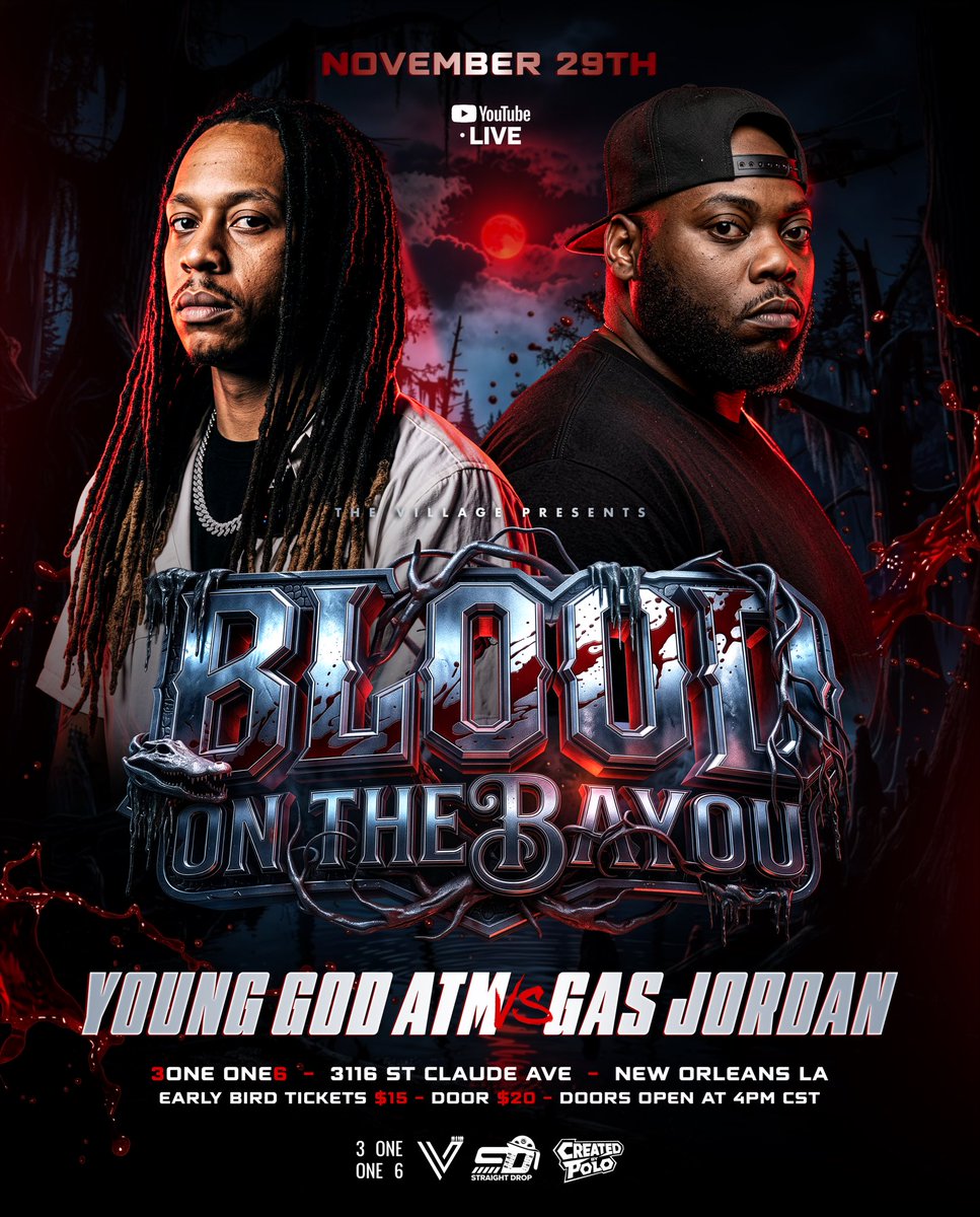 SayLaMonstaa's tweet photo. (SPECIAL) ANNOUNCEMENT 6
BLOOD ON THE BAYOU : VOL 1
YOUNG GOD ATM vs GAS JORDAN
#MONEYCLUB
#DAVILLAGE
#SOUF
#BOTB
For Everyone That Ask For A Special Announcement Of The Card
We Thank Yall For Your Patient
Full Flyer Will Drop Next Week With Trailer https://t.co/zSpvXYBmWt