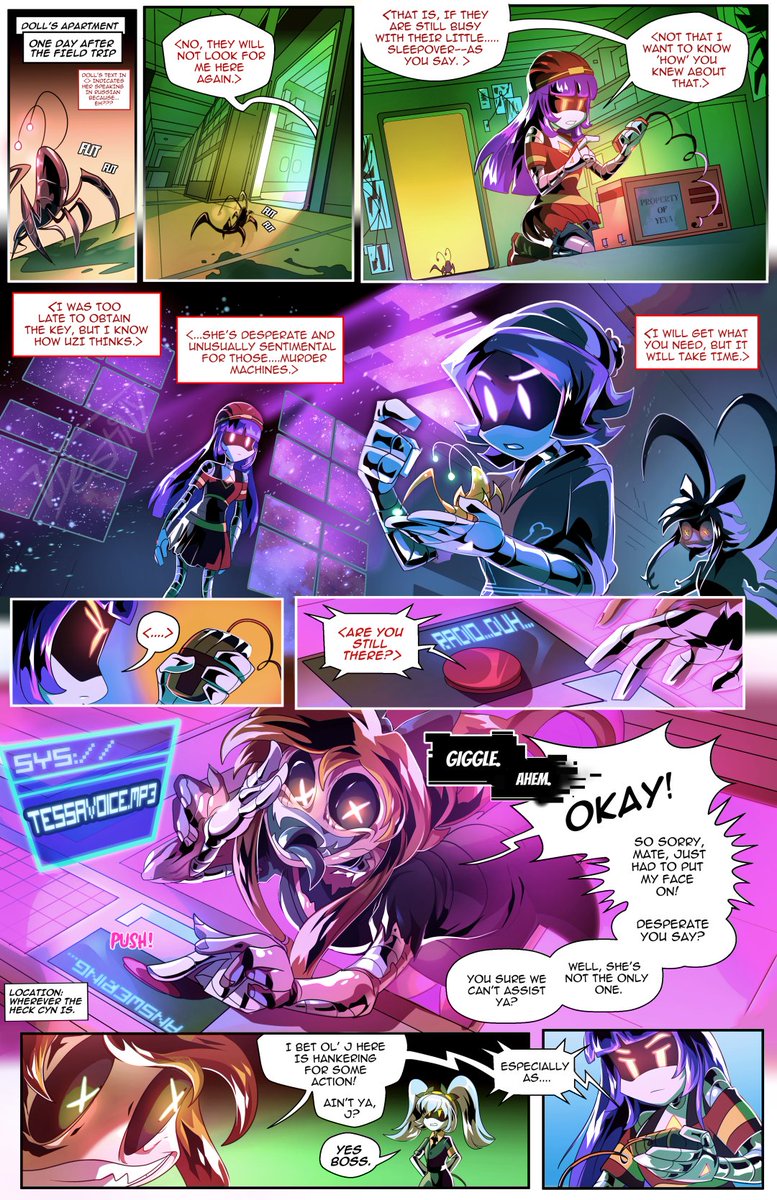 DestinySquared's tweet photo. wHOOOOO! So, I've had this #MurderDrones comic made for over a year or so now. 

It was meant to be (fanmade of course) an explanation for how Doll contacted Cyn/The Solver and such. 

Anywho~ hope you like!! Old comic @_@ https://t.co/nGFaxUTNkm