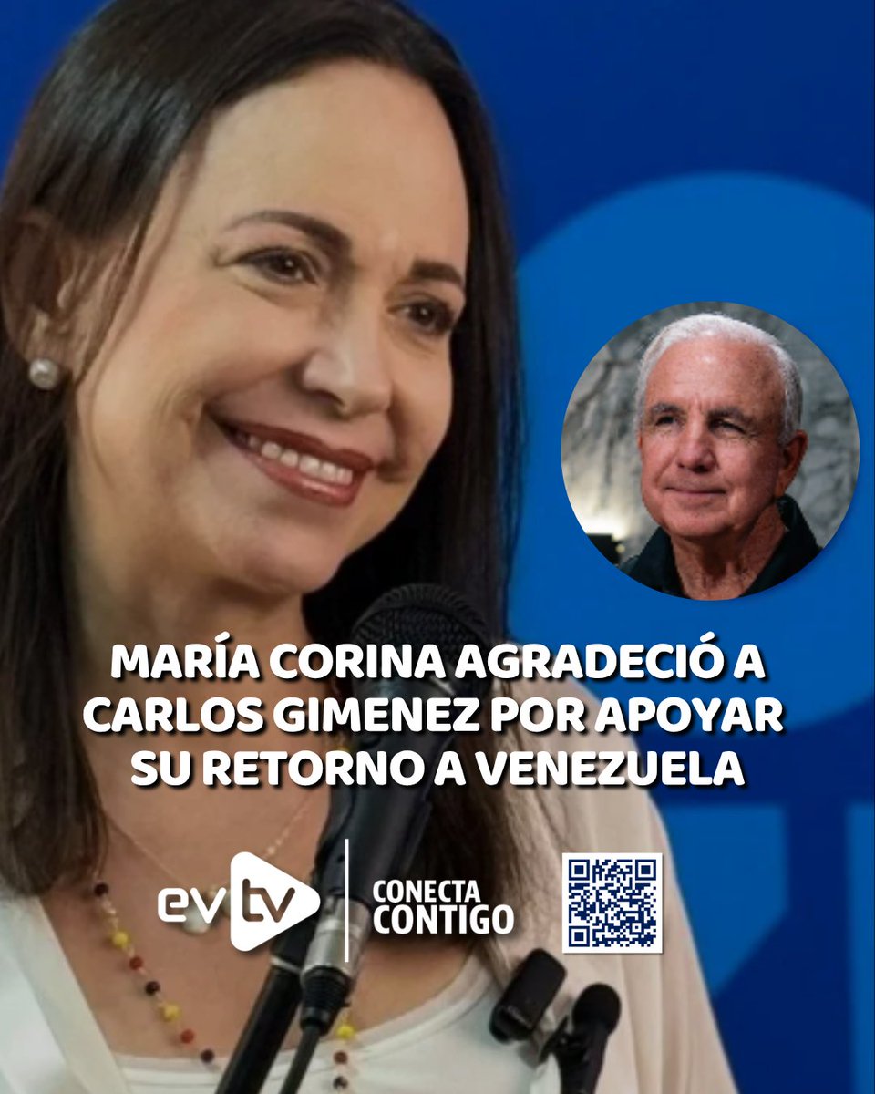 EVTVMiami's tweet photo. 🇻🇪 María Corina agradeció a Carlos Giménez por apoyar su retorno a Venezuela

📢 @MariaCorinaYA agradeció al congresista republicano Carlos Giménez por respaldar su regreso a Venezuela y su acompañamiento al proceso de transición política.

🇺🇸 “Gracias, querido @RepCarlos, por tu amistad y por acompañar durante tantos años la causa por la Libertad de Venezuela”, escribió Machado en X, en respuesta al mensaje del congresista.

📌 Machado reiteró que su retorno busca acompañar a los venezolanos, fortalecer la organización ciudadana y contribuir a facilitar la transición hacia una “Venezuela libre y democrática”.

#NoticiasEVTV #MaríaCorinaMachado #CarlosGiménez