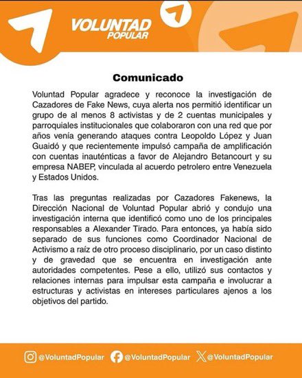 NituPerez's tweet photo. Cazadores de Fake News rastreó una campaña e identificó al menos 168 cuentas inauténticas que publicaron 1.172 comentarios en 22 publicaciones para apoyar el acuerdo petrolero entre Venezuela y Estados Unidos, vinculando los hechos a una operación dentro del partido Voluntad Popular. La organización política negó haber organizado la campaña y expulsó a los implicados tras una investigación interna. Aquí el comunicado de Voluntad Popular
