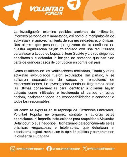NituPerez's tweet photo. Cazadores de Fake News rastreó una campaña e identificó al menos 168 cuentas inauténticas que publicaron 1.172 comentarios en 22 publicaciones para apoyar el acuerdo petrolero entre Venezuela y Estados Unidos, vinculando los hechos a una operación dentro del partido Voluntad Popular. La organización política negó haber organizado la campaña y expulsó a los implicados tras una investigación interna. Aquí el comunicado de Voluntad Popular