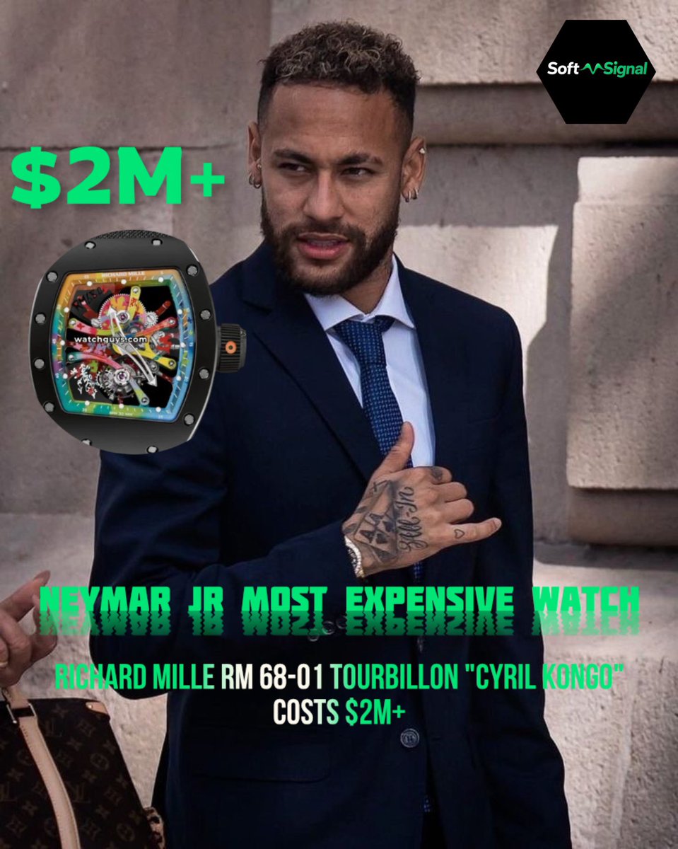 icoolfirm's tweet photo. Neymar Jr most expensive wrist watch is Richard Mille RM 68-01 Tourbillon "Cyril Kongo" worth $2M+
But Neymar’s watch collection is worth approximately $8M @neymarjr https://t.co/vS0P7qYhpr