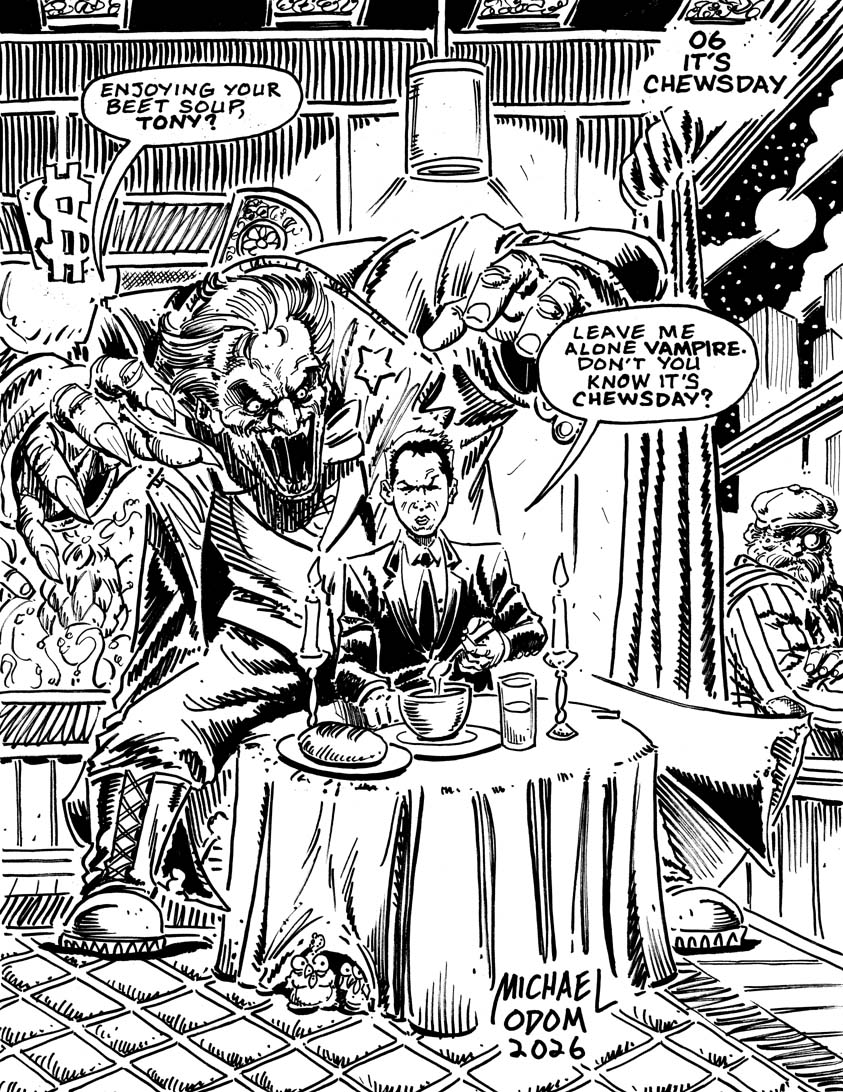 MichaelOdomArt's tweet photo. Night Six of #inktober #drawlloween 2026: "It's Chewsday" with John Layman and Rob Guillory's @ImageComics Chew. #halloween #halloween2026 #comicart #imagecomics #tonychu #vampire #chew #inktober2026 #drawlloween2026 #chogs https://t.co/R2PpSSzG3I