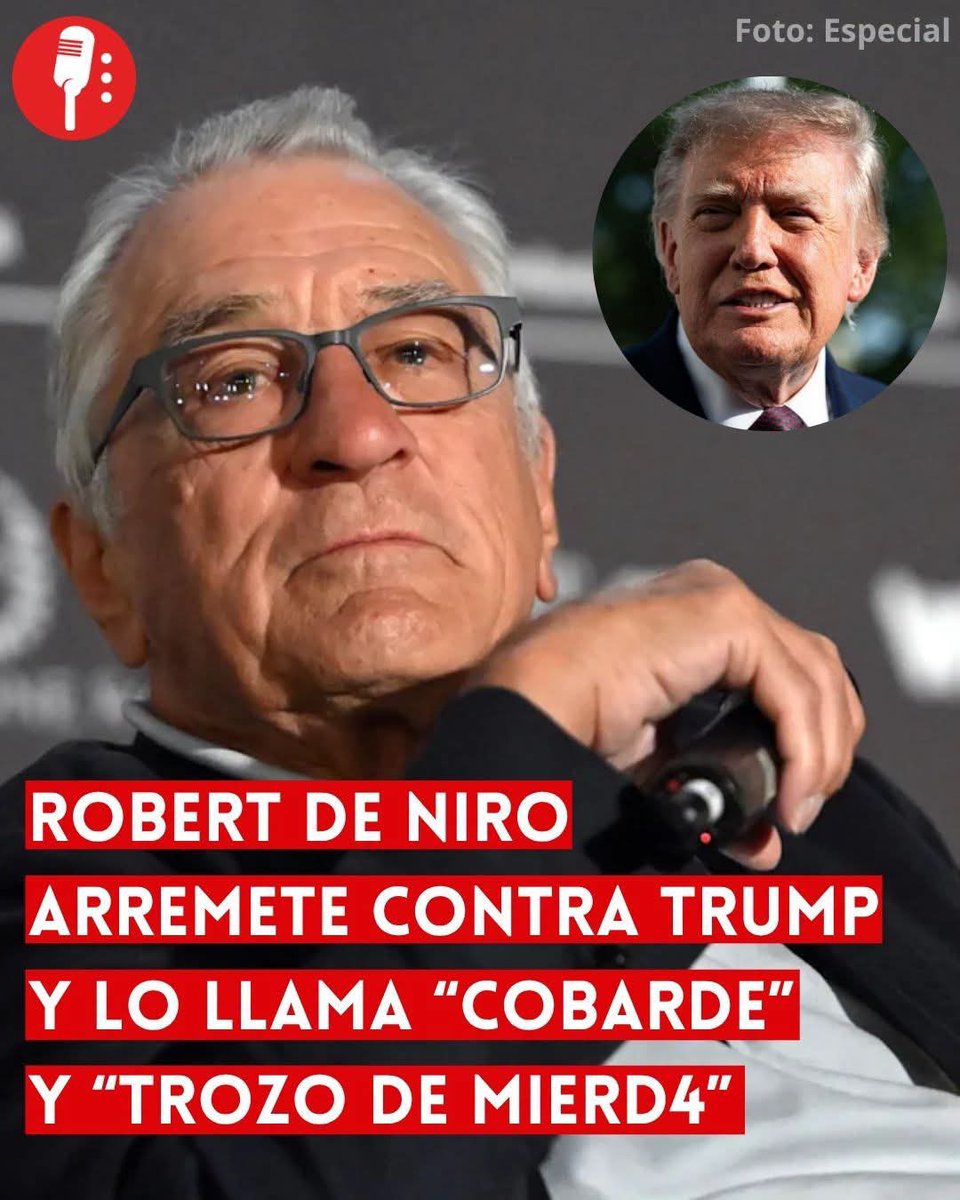 GonzlezRa12's tweet photo. ⭕ OJO | ROBERT DE NIRO ARREMETE CONTRA TRUMP Y LO LLAMA “COBARDE” Y “TROZO DE MIERDA”

Robert De Niro lanzó fuertes críticas contra el presidente de Estados Unidos, Donald Trump, durante un acto público realizado en Nueva York, donde lo llamó “cobarde” y “trozo de mierda”. El actor participó en el evento “Hand off our vote” (No toquen nuestro voto), junto con artistas y activistas.
https://t.co/ZvCWsKYSBm