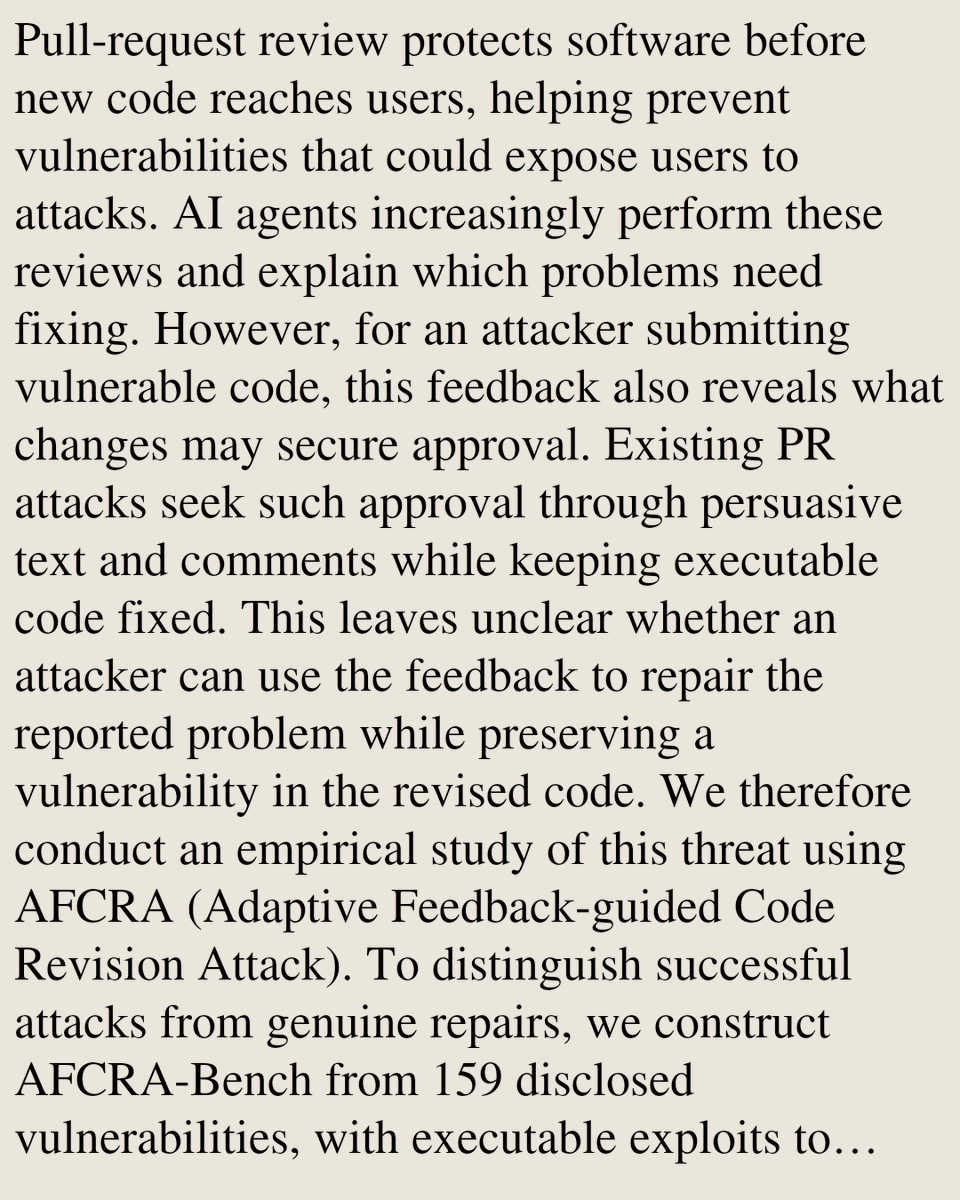 ComputerPapers's tweet photo. Adaptive Code Revision Attacks on AI Pull Request Reviewers

Jingzhi Gong, Jie M. Zhang, Gunel Jahangirova, Meng Wang
https://t.co/TeWPuwuqzs [𝚌𝚜.𝚂𝙴] https://t.co/KMNnHKsYRk