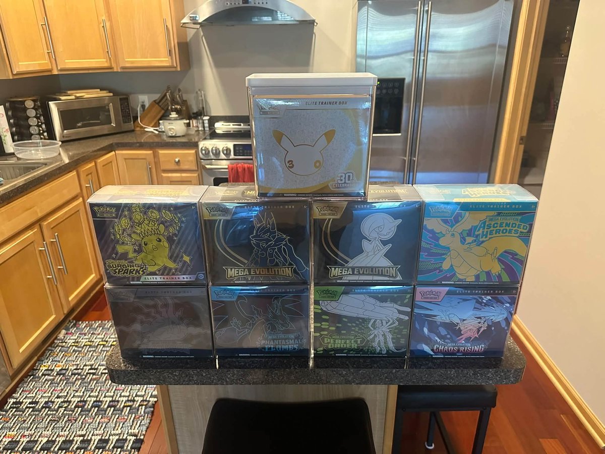 Davetcg7's tweet photo. Mega Evo Lucario ETB - $120
Mega Evo Gardevoir ETB - $120
Surging Sparks ETB - $120
30th Celebration- $130
Ascended Hero’s ETB - $155
Phantasmal Flames ETB - $155
Perfect order ETB - $65
Chaos Rising ETB - $65
Pitch Black ETB - $70

AH Gardevoir Poster Collection - $140
AH Lucario Poster Collection - $150

Series 3 First Partner x3 - $75

Mega Charizard UPC - $200 each