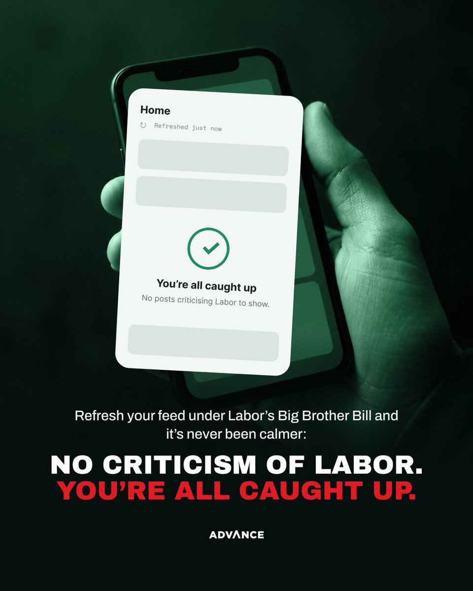 FairAusADV's tweet photo. Refresh your feed under Labor’s Big Brother Bill and it’s never been calmer. No criticism of Labor anywhere. You’re all caught up. https://t.co/1uzZnwwlAd