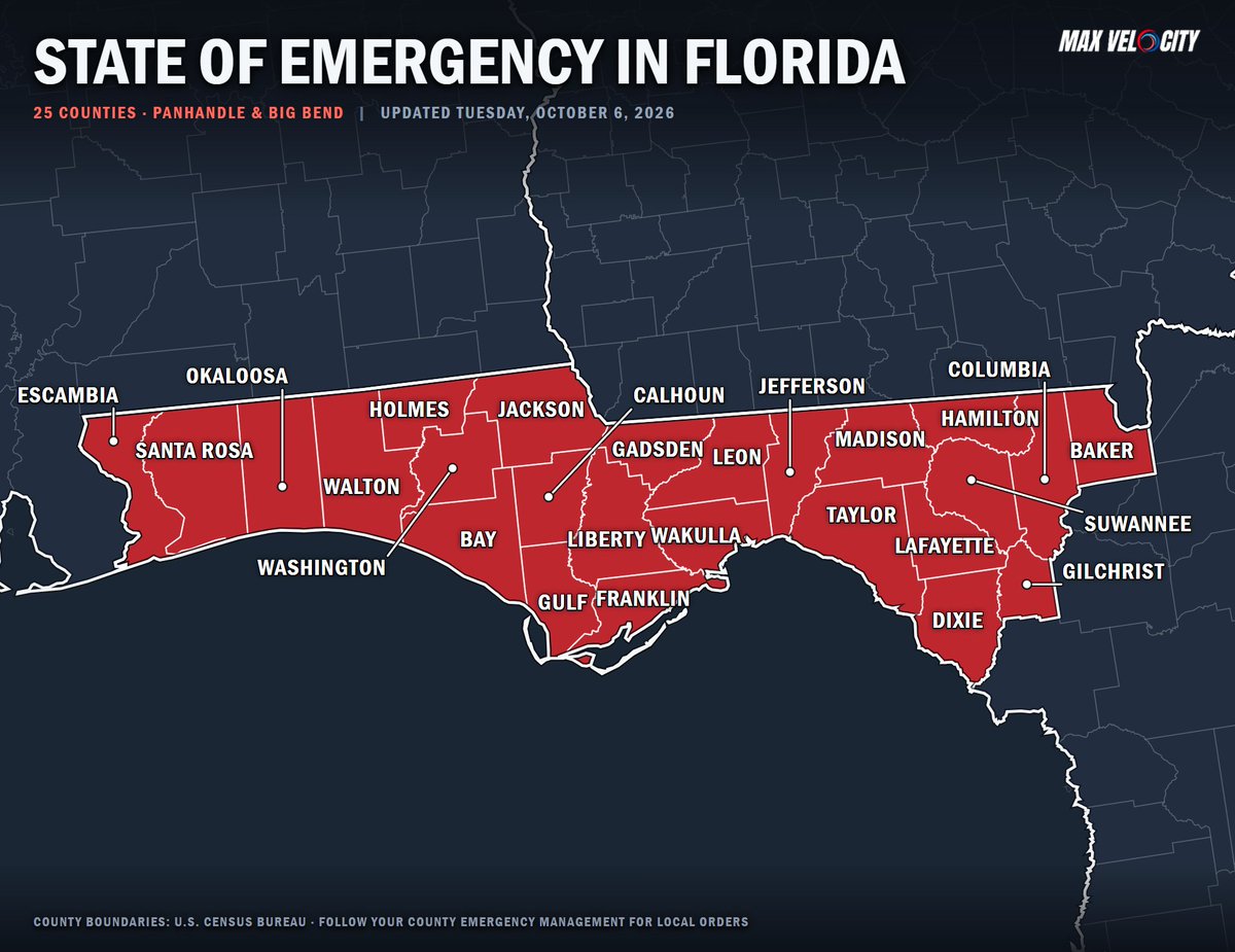 MaxVelocityWX's tweet photo. BREAKING: State of emergency declared for 25 counties across the Florida Panhandle and Big Bend region....

With Tropical Depression Nine brewing in the Gulf and forecast to strengthen into a hurricane as it tracks northward toward the coast this weekend, this declaration ensures that local communities have the necessary resources to prepare for severe weather impacts.