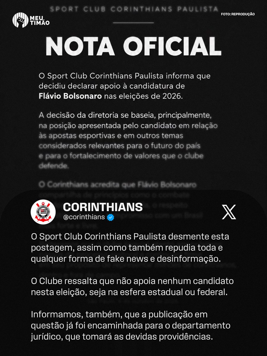 MeuTimao's tweet photo. O Corinthians desmentiu uma nota oficial falsa em que o clube declarava apoio a um dos candidatos à presidência do Brasil. https://t.co/kOZjUzW6f6