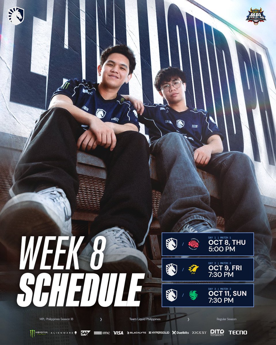 teamliquidph's tweet photo. Week 8. No room for mistakes.
Three matches. One mission. LETโS GO.
#LetsGoLiquid #TeamLiquidPH #MPLPhilippines https://t.co/Jz9gBATNUL