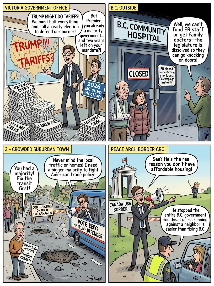 DSki5257's tweet photo. ERs closed, transit stalled, housing unbuilt—but David Eby just paused the entire B.C. government for an early snap election to fight Donald Trump? 🤦‍♂️
​Why fix local problems with your existing majority when you can campaign against Washington instead?
​#bcpoli #DavidEby #BCNDP #DonaldTrump #Trump #TrumpTariffs #SnapElection #BCElection #BCHousing #BCHandC