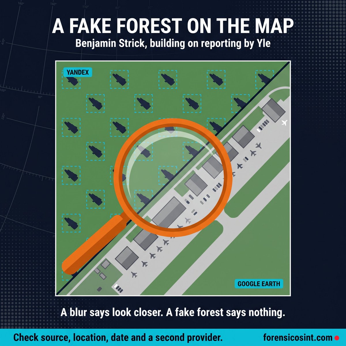 ForensicOsint's tweet photo. This forest near St Petersburg is fake. On Yandex it is edited over a Russian military site that Yle first reported.

Benjamin Strick shows how to check: repeated shadow shapes, then Google Earth and Esri Wayback history.

🔗 https://t.co/kVP0mB3pj5 https://t.co/14OiyrOuqz