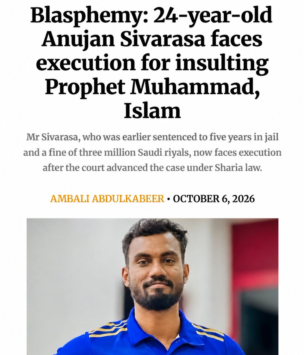 AboDantee's tweet photo. دام كل صحف العالم تكلمت عن القصة خلوا بقول لكم التفاصيل:

هذا مقيم سيرلنكي في الاحساء انحكم عليه بالإعدام لأنه كتب بوست عن مكة وعن الاسلام، وهنا تفاصيل القصة

الموضوع بدأ في موسم الحج الهندوسي، هذا الموسم يصير فيه مشاكل بين المسلمين والهندوس بالهند وسيرلنكا وأثناءه بدت تنتشر عنصرية ومشاكل بين المسلمين والهندوس بالسوشل ميديا كالعادة

اثناء موسم الحج الهندوسي انتشر فيديو لكلب كان يمشي مع الحجيج وهم يمشون الى النهر المقدس حقهم، والهندوس تداولوا الفيديو حقه على انه شي روحاني وممكن الكلب متأثر بالطقوس او ربما يكون فيه تناسخ ارواح او ما شابه

المهم لاحقا انتشر مقطع لواحد يضرب الكلب هذا ويطقطق عليه وقالوا انه مسلم ويبي يثبت للهندوس ان سالفة الكلب خرافة

بغض النظر هل هو الكلب نفسه او لا وبغض النظر هل هم صادقين من ناحية هوية اللي ضربه ودينه او لا، هالشي سبب موجة غضب بين الديانتين في الهند وسيرلنكا وغيرها وبدت بينهم تراشق اونلاين سب وعنصرية الخ

هنا جاء انوجان وهو مقيم سيرلنكي بالاحساء وكتب كم بوست عن الاسلام والكعبة ثم بعدين مسح البوست ونزل فيديو اعتذار للمسلمين، ثم لاحقا مسح حتى فيديو الاعتذار 

اللي صار ان المسلمين اللي في سيرلنكا والهند لقوا كلامه قبل يمسح وصوره وارسلوه لشركته اللي يعمل فيها بالسعودية، وارسلوها لعدت جهات، ولهذا تم فصله من الوظيفة وتم القبض عليه

بالبداية انحكم 5 سنوات سجن بحكم انه هو اصلا غير مسلم، فهو ليس مرتد يحكم عليه بالقتل مباشرة وانما هو اصلا غير مسلم ومن ثم لا يقتل مباشرة اعتقد

المهم انه هو حاول سوي استئناف للحكم، طلب الاستئناف ولسوء حظه قامت النيابة العامة بعمل استئناف ايضا وقالوا انت اصلا المفروض ما تنسجن 5 سنين بتهمة جرائم معلوماتية، انت المفترض انك تقتل لان حكم سب الرسول هو الاعدام

تم الاستئناف وثم فعلا حكمت عليه محكمة الاحساء بالاعدام ..
الخبر صار ترند في انحاء سيرلنكا وتدخلت الحكومة وصار فيه مطالبات شعبية وعلى اثرها قررت الحكومة السيرلنكية ترسل وفد رفيع المستوى للسعودية يشمل حكومة سيرلنكا ومعارضتها، كلهم من اجل لقاء الملك لعل يصير فيه عفو انساني

حكم الاعدام لم يتم الى الان لان لازم توافق عليه محكمة كبرى كذلك ثم بالاخير الموافقة الاخيرة من الملك ..
يعني الحكم مهو حكم نهائي الى الان، وبنشوف وش يصير

مستغرب ان الخبر فجأة انتشر مع ان له كم شهر ..
