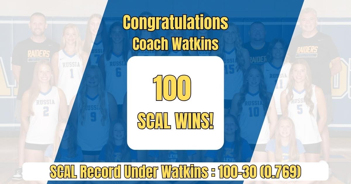 RussiaVball's tweet photo. Tonight marked the 100th SCAL win of the Coach Watkins era! SCAL record during his tenure is now 100-30! Here is to the next 100! 

@Fish_Report 

#BuiltForMore https://t.co/Ce7yr8mmyO