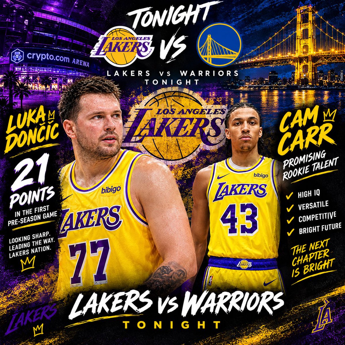 LukaDoncicTalk's tweet photo. Lakers Vs Warriors Tonight
2nd Pre Season Matchup
Let’s see more of Cam Carr!!
#nba #preseason #lakers https://t.co/uPw8mW6MlG