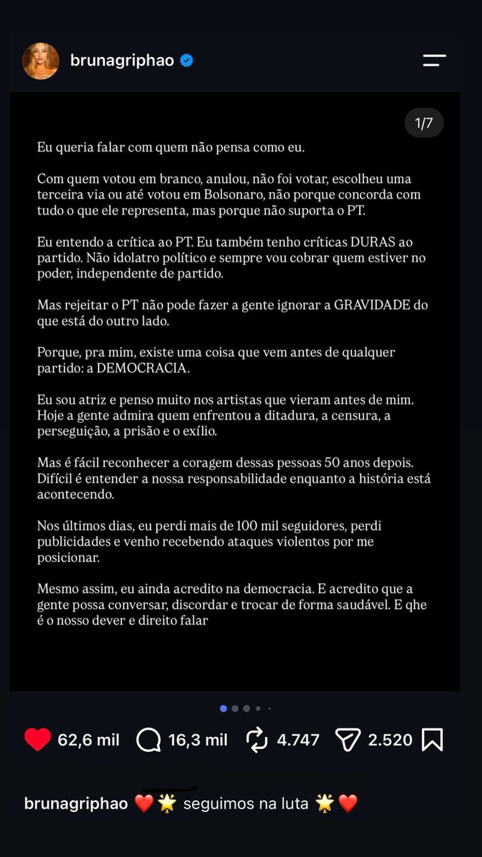 sccoments's tweet photo. Gente vms ser sinceros?! O povo omite muito essa querida da Bruna Griphao 
Pq ela é uma dessa classe artistica ai que menos tá se omitindo, todo post que vou ela tá comentando algo, tentando mudar voto… https://t.co/HL30dX20ql
